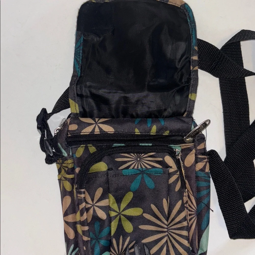 COMPASS CANVAS / NYLON CROSSBODY BAG BROWN GOLD BLUE FLORAL DESIGN MANY POCKETS